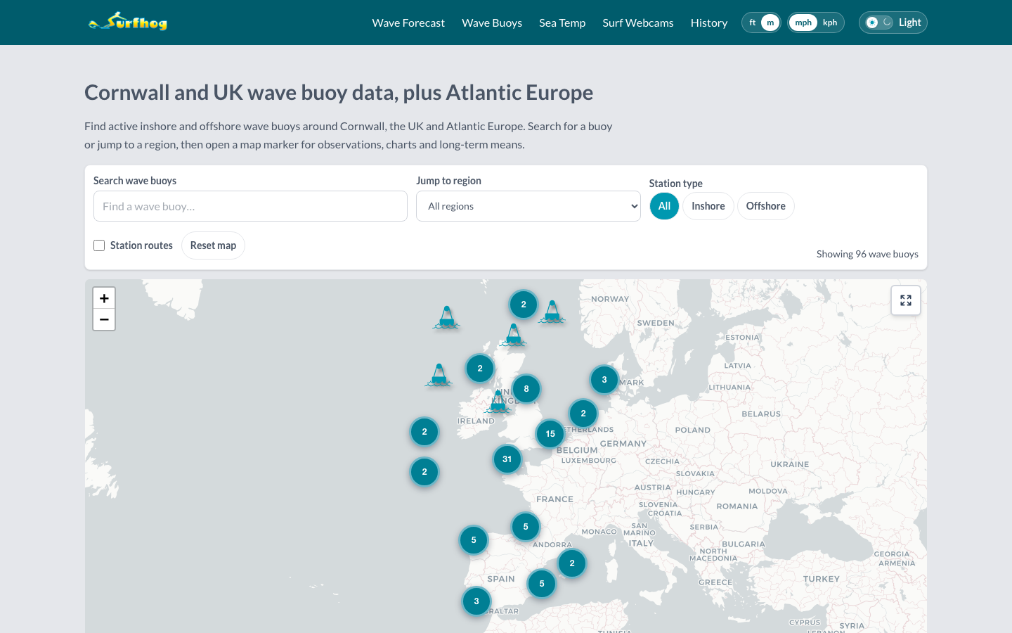 SurfHog wave-buoy directory showing station search controls and a map of Atlantic European buoys